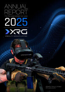 Image of military person wearing VR headset holding a rifle. Text says Annual Report 2025 with "XRG".