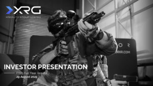 Text: Investor Presentation. FY25 Full Year Results. 29 August 2025. Image: Black and white image of military person completing a virtual reality scenario in a black VR headset, holding a rifle.