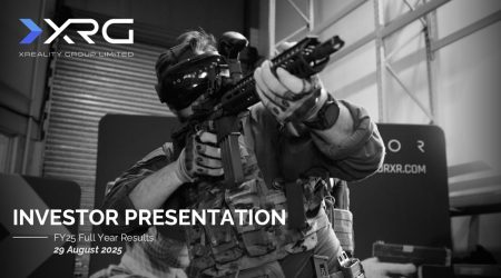 Text: Investor Presentation. FY25 Full Year Results. 29 August 2025. Image: Black and white image of military person completing a virtual reality scenario in a black VR headset, holding a rifle.