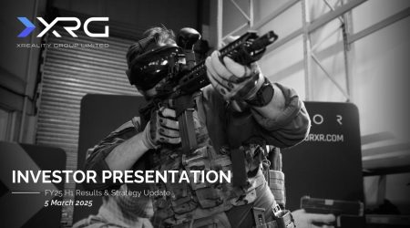 Image of soldier wearing Operator XR VR headset. XRG Logo and white text that says Investor Presentation H1 FY25